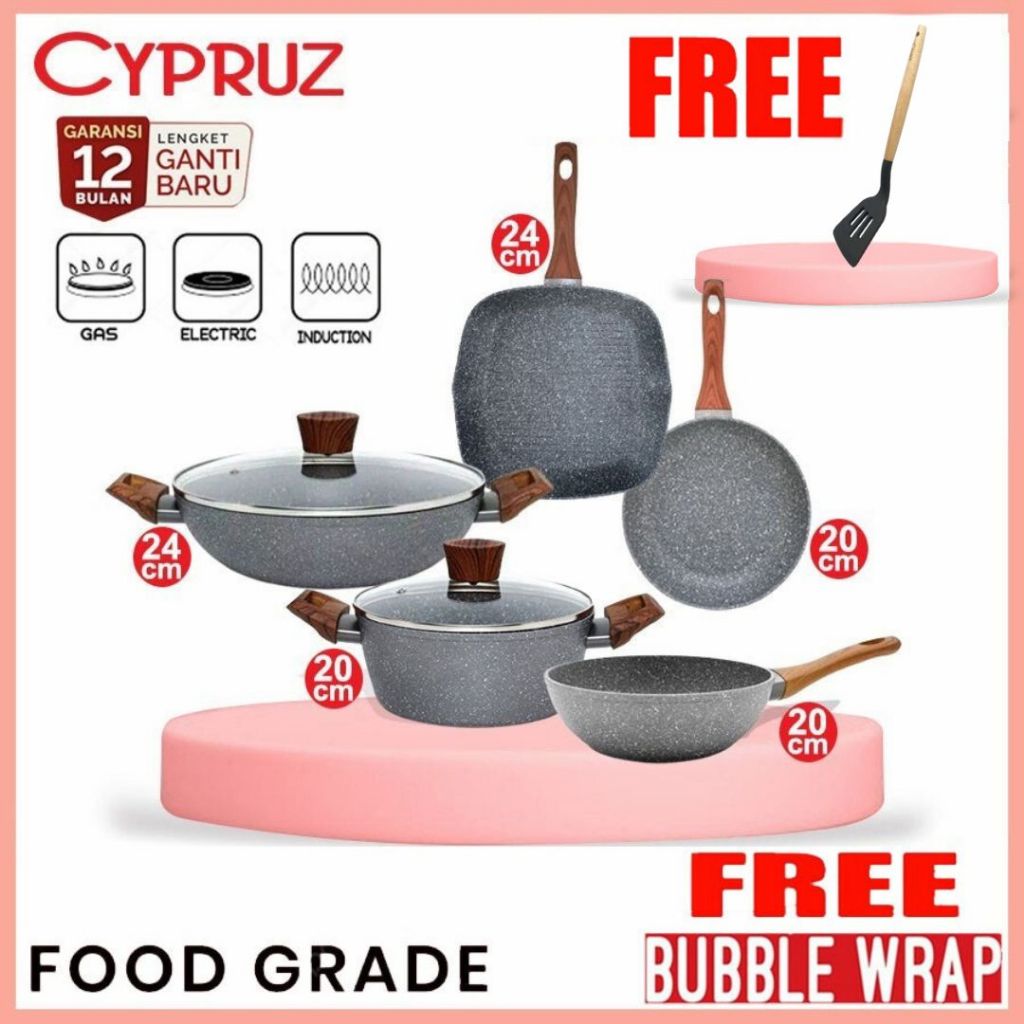 Cypruz Cookware Set Pan Induksi Cyprus Marble 5 Pcs Panci Wajan