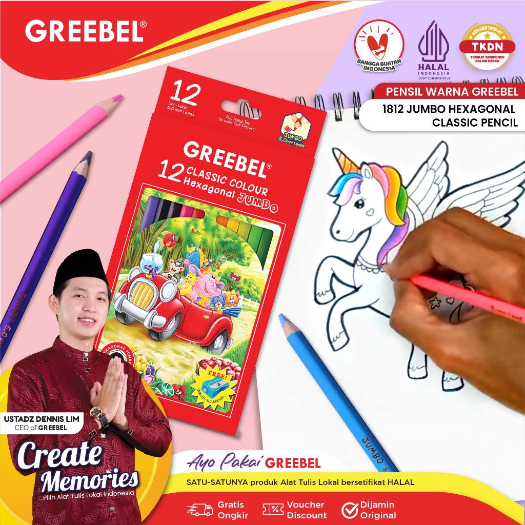 

365 GREEBEL Pensil Warna | Pensil Warna 12 Warna Panjang | GREEBEL 1812 Jumbo Hexagonal