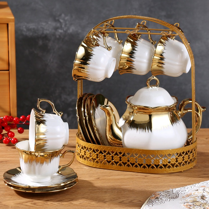 [VAES] Set Cangkir & Teko Keramik 14in1 Royal Gold / White – Cangkir Teh Kopi Elegan Gift Hampers