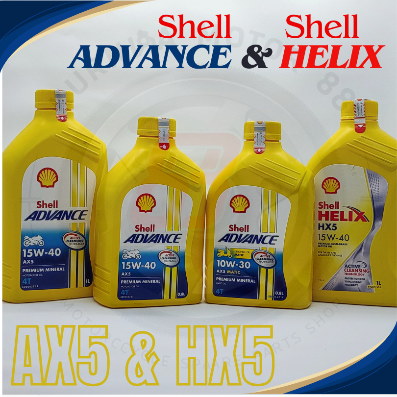 OLI SHELL AX5 & HELIX KUNING, OLI MOTOR MATIC & SPORT 10W-30 & 15W-40) 800ml&1000ml, ORI TERSEGEL 10