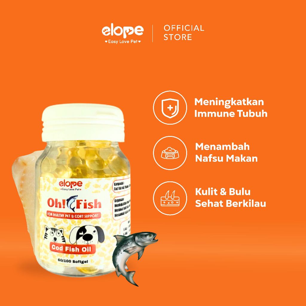 ELOPE Oh Fish Cod Oil Minyak Ikan Vitamin Bulu Hewan Kucing Anjing 100/60 butir