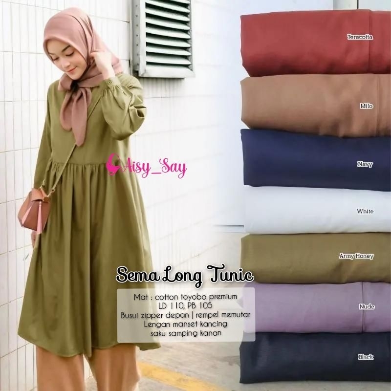 By Aisysay Sema Long Tunic Bahan Cotton Toyobo Premium-Tunik Katun Toyobo Import LD 110-Tunik Polos 