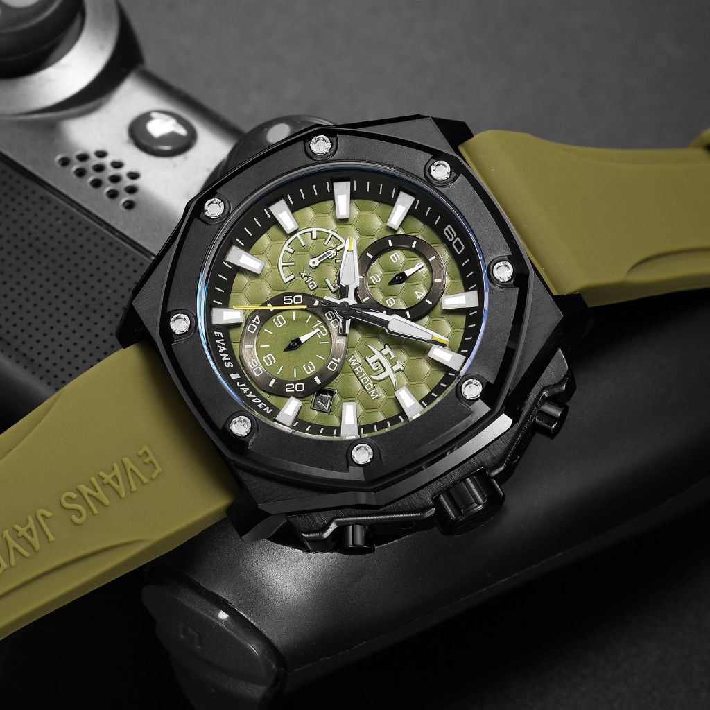 Evans Jayden Jam Tangan Pria 9586 Karet Kaca Sapphire Chronograph Water Resistant 10 ATM