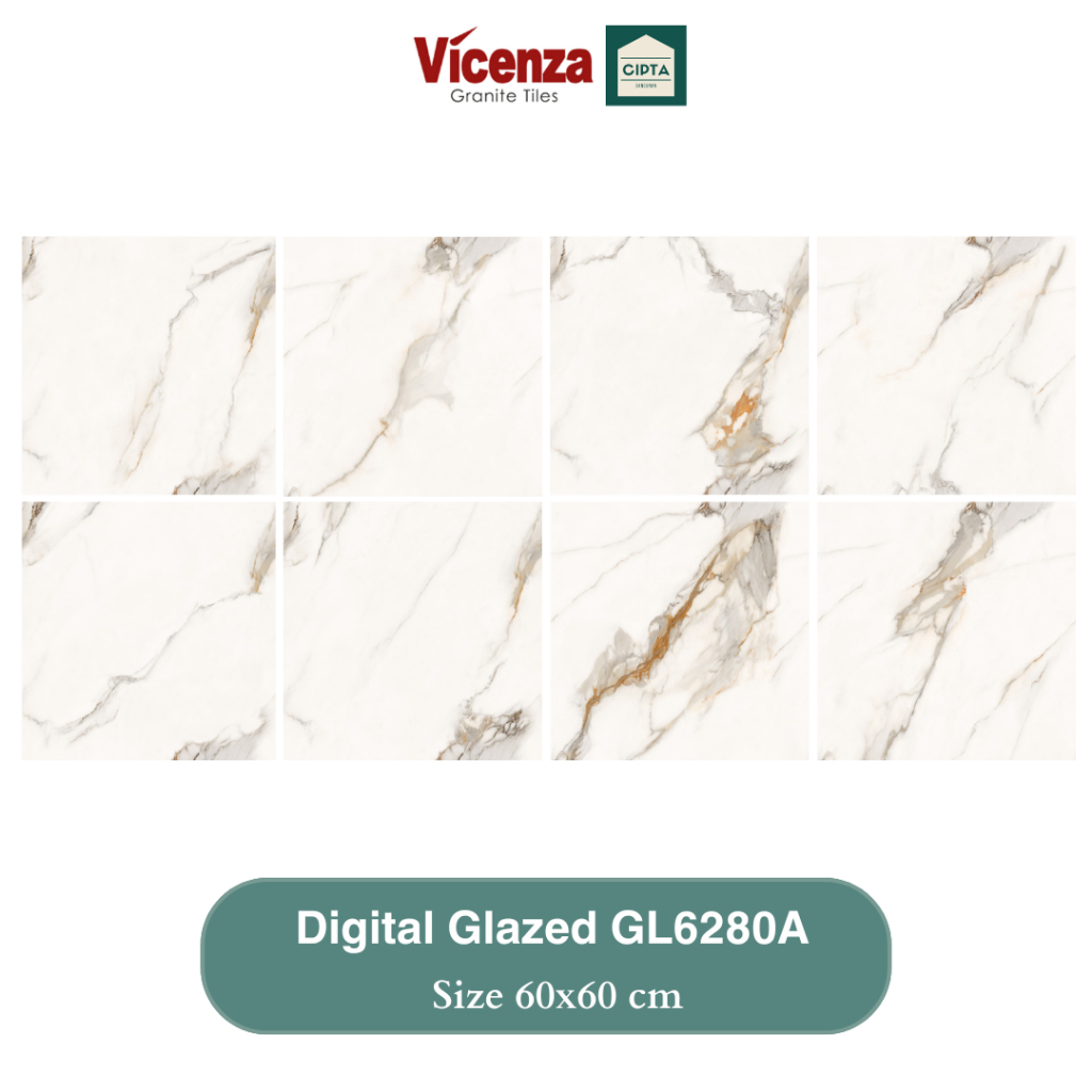 Granit/ Granite Tile Vicenza 60x60cm GL6280A Digital Glazed Glossy Lantai/ Dinding Carrara Krem Moti