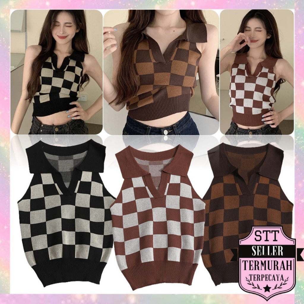 STT Baju Crop Wanita Korean Diamond Kode 6859 Plaid Knit Vest Crop Top Rompi Rajut Korea V Neck Baha