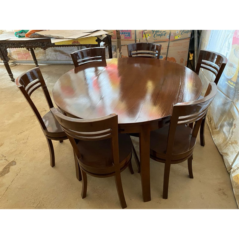 Meja makan minimalis 6 kursi jati - Meja makan bundar 6 kursi jati hemat ruangan