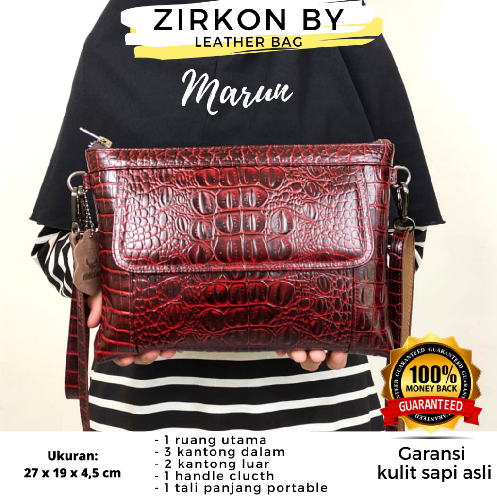 Tas Wanita Kulit Sapi Asli Tas Pouch Bag Perempuan Clutch Bag Kulit Sapi Asli Motif Buaya ZIRKON BY