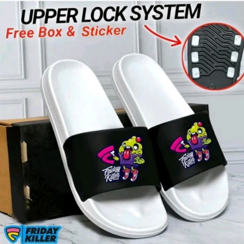 Sandal FRIDAY KILLER Sandal Slop Pria Wanita Unisex Slip On Hitam Putih Motif Slide Terbaru
