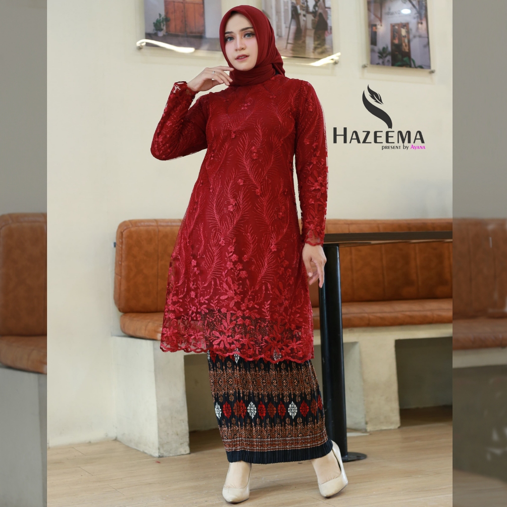 Merah Maroon - 𝗦𝗲𝘁𝗲𝗹𝗮𝗻 𝗧𝘂𝗻𝗶𝗸 𝗧𝗶𝗹𝗹𝗲 Atasan Brukat Kebaya Modern / Baju Kurung / Hazima Kebaya Wisuda 