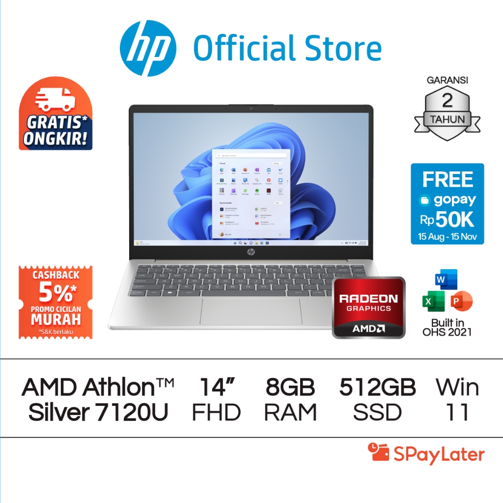 Spaylater 0% - Laptop HP Athlon Silver 7120U Radeon 8GB RAM 512GB SSD Silver Gold Windows 11 Home 14