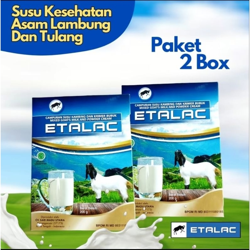 

[ PAKET HEMAT 2 BOX ] SUSU KAMBING ETAWA BY ETALAC 100% ORIGINAL OBAT GERD LAMBUNG NYERI DADA HATI SENDI & TULANG SUSU ASLI TANPA GULA @200G X 2 BOX