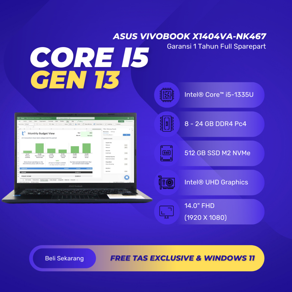 Promo Laptop Terbaru - Asus VivoBook X1404VA-NK467 / Core i5-1335U / 24 GB / 512 GB / 14" Full HD / 