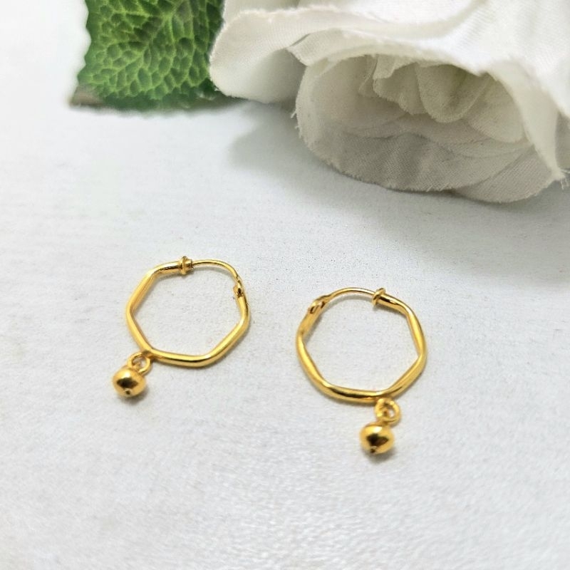 Anting Ring Segi 6 Bandul Bola Emas Muda