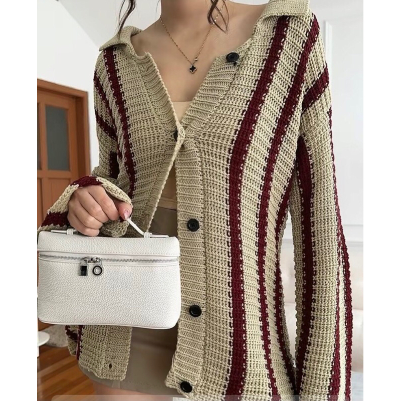 Genuva longsleeve Knit Cardigan / Cardigan Wanita Berkerah Premium / Cardigan Stripes Motif / Cardig
