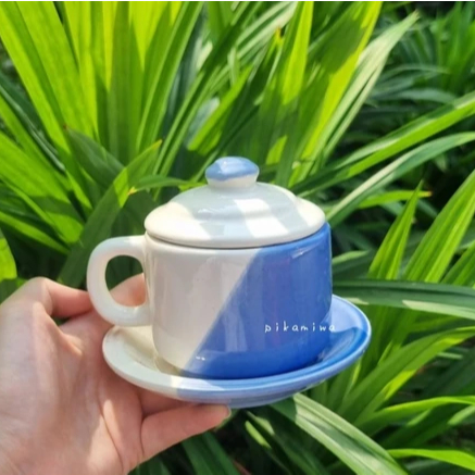 CANGKIR TATAK KERAMIK + TUTUP TWO TONE cangkir keramik cantik cangkir keramik murah cangkir lucu