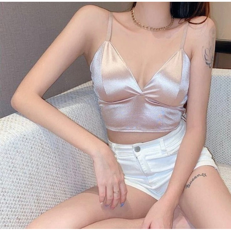 JENNIE Tanktop Crop Satin With Cup Bra | Top Wanita