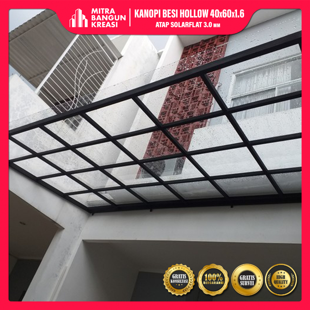Kanopi Solarflat 3mm Rangka Besi Hollow Galvanis 40x60 Terpasang [KH005]