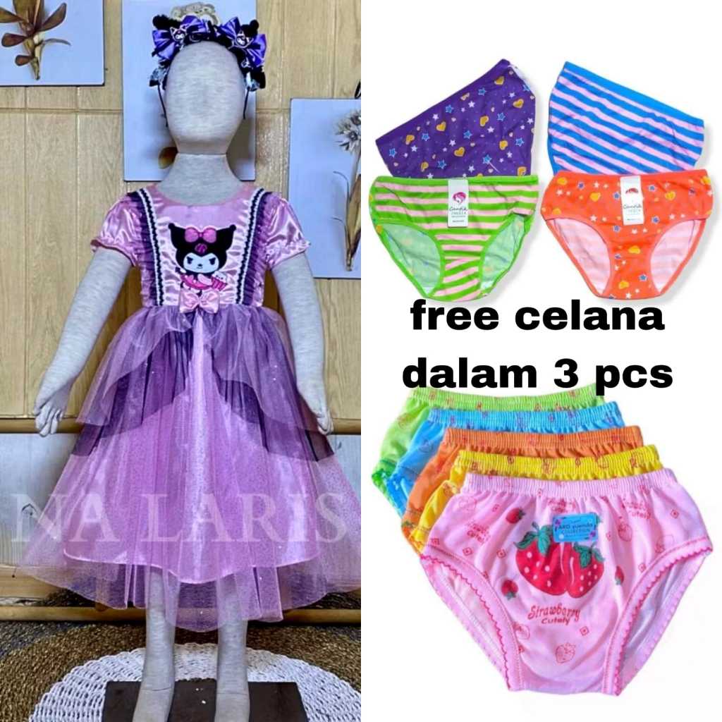 ( FREE 3 PCS CELANA DALAM )Dress ultah kuromi anak perempuan import usia 3 - 10 tahun gaun kuromi an