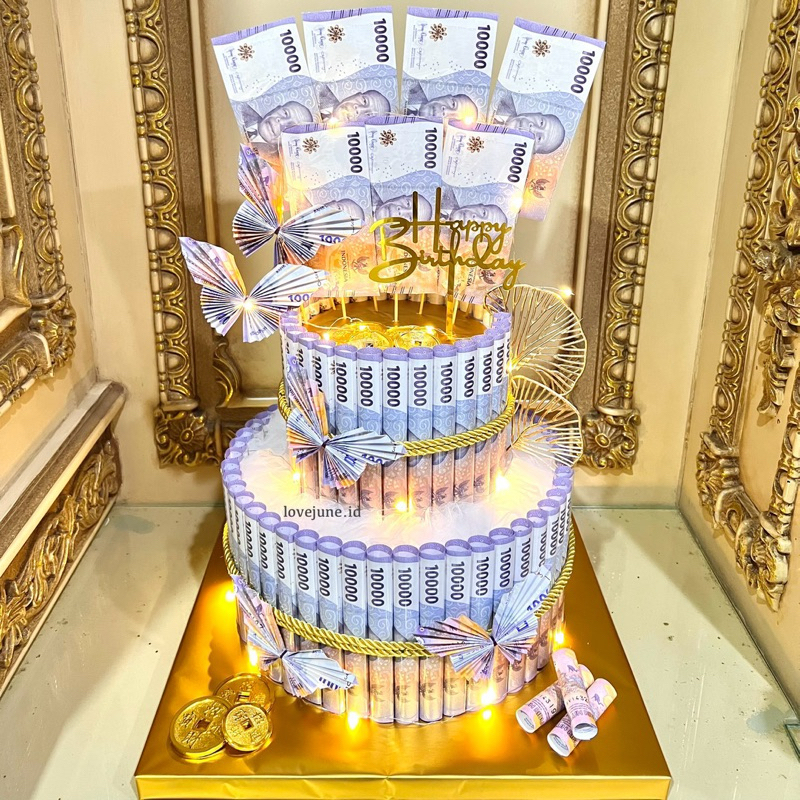 [love june] money cake 90 lembar 2 tier kue uang hadiah ulang tahun (baca deskripsi)