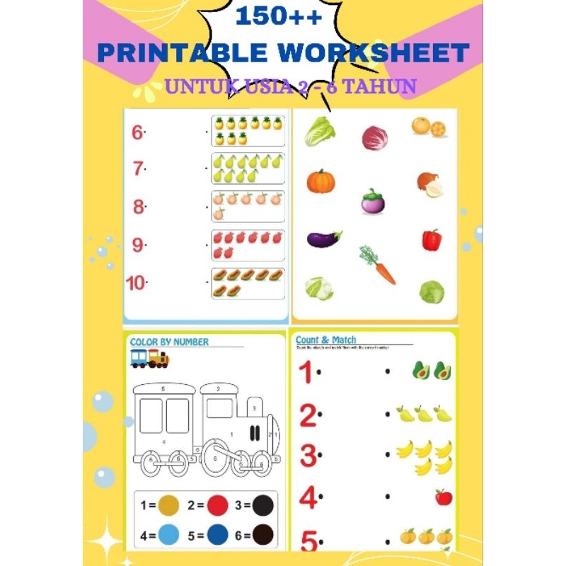 PRINTABLE WORKSHEET FOR TODDLER USIA 2-6 TAHUN, 150++ HALAMAN (PDF)