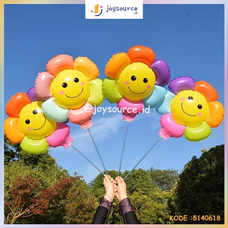 BALON GAS BUNGA MATAHARI RAINBOW DENGAN GAGANG / BALON TERBANG FOIL ISI 5