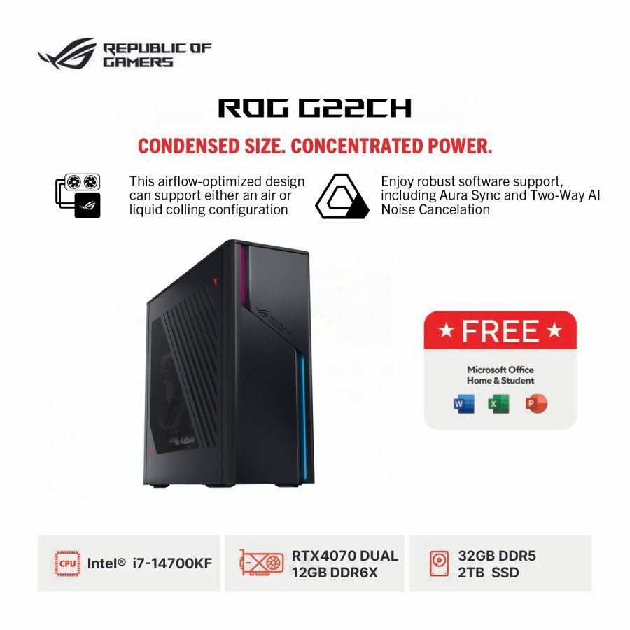 Asus ROG Gaming Desktop G22CH - Intel Core i7-14700KF/32GB/1TB+1TB SSD/RTX 4070 12GB/Win 11/OHS - Ga