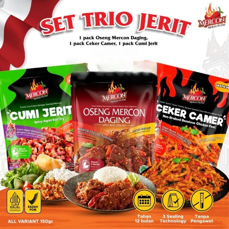 

MERCON MERAH PUTIH Paket 3 Pcs - Oseng Merecon Daging/Ceker Camer/Cumi Jerit/ 100% Halal