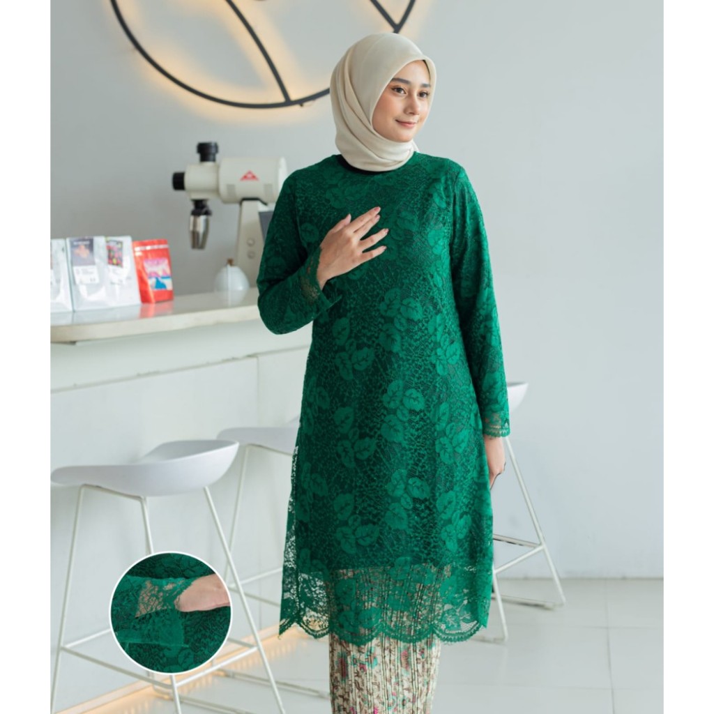 PROMO ATASAN TUNIK KEBAYA BRUKAT KURUNG MUSLIMAH TUNIK BROKAT HIJAU BOTOL 12 WARNA