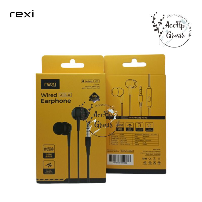 Handsfree Rexi  Ai16-K Headset Rexi Deep Bass Wired earphone in ear Headset Rexi Original