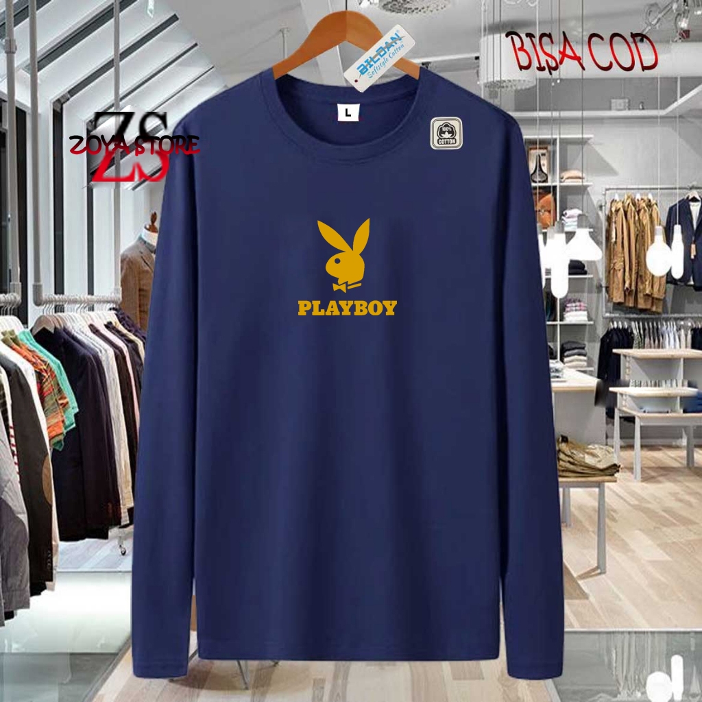 COD !!! Baju Kaos Distro Playboy Text Gold Premium Quality Kaos Cotton Combed 30s Lengan Panjang T-S