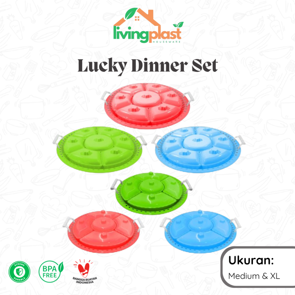 Lucky Dinner Set XL M / Nampan Bulat Tempat Kue / Borkam Plastik Set / Tempat Sayur Bulat