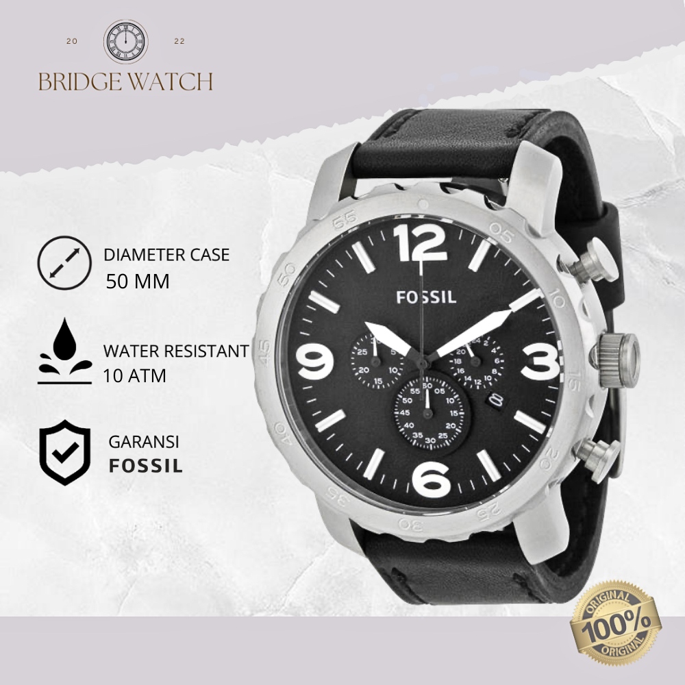 Jam Tangan Pria Fossil Nate Analog Black Leather Strap Kulit Hitam Cowok Chronograph Water Resistant