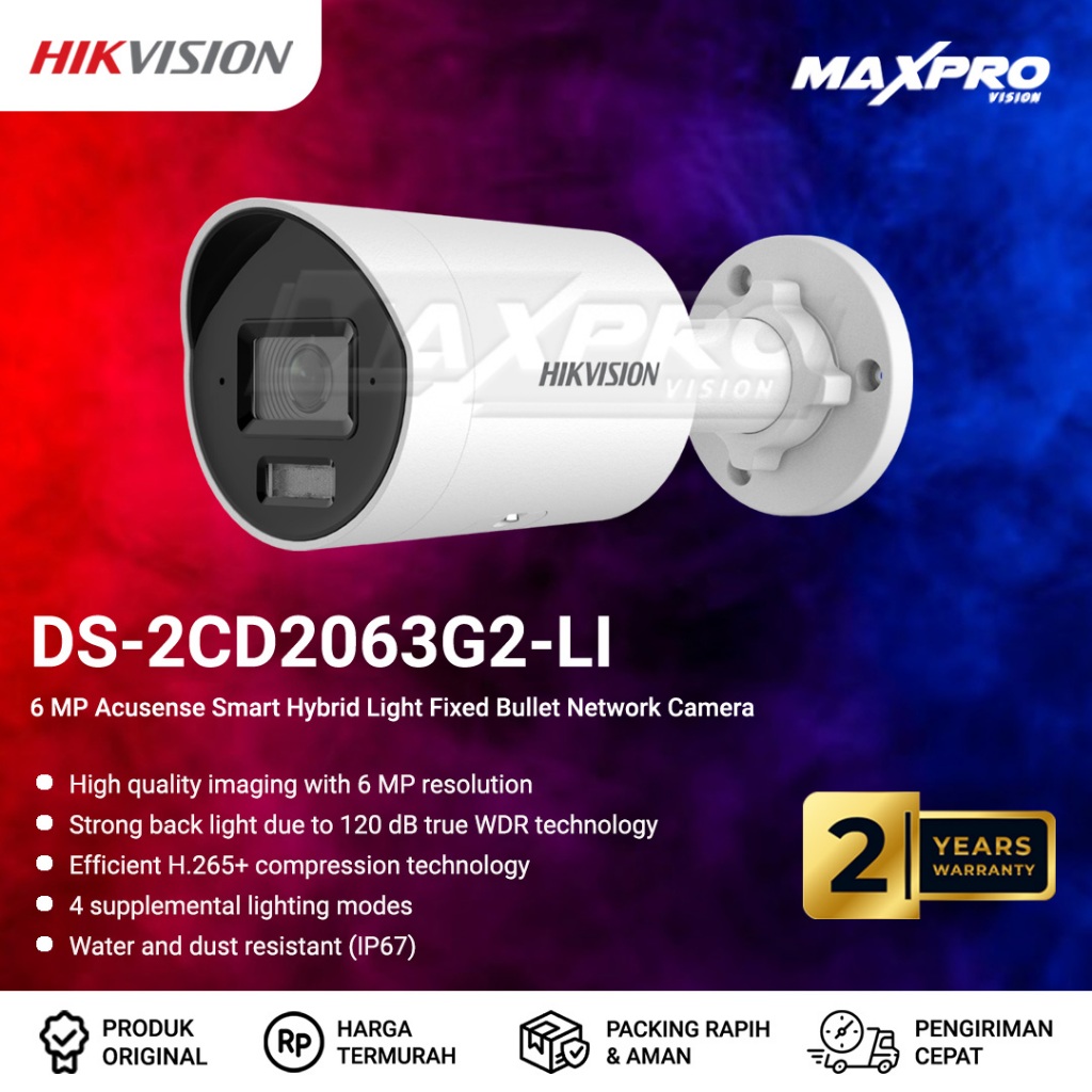 DS-2CD2063G2-LI - HIKVISION IP 6MP ACUSENSE SMART HYBRID LIGHT BULLET CAMERA