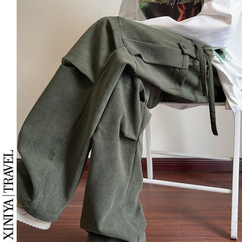 Baju Kodok Corduroy Pria, Celana Panjang Kasual Kaki Lebar Jalanan Tinggi Trendi Lurus Longgar Baru