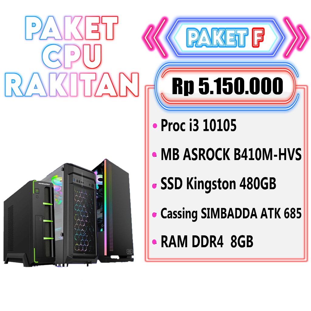 PC Komputer CPU Rakitan Proc i3 10105 Paket F