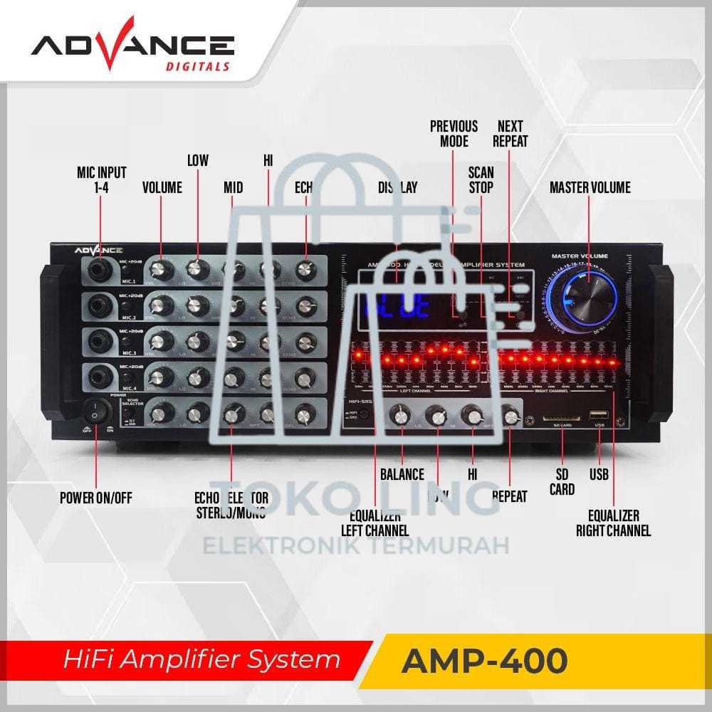 ADVANCE AMP-400 High Fidelity Amplifier Sound System Ampli Karaoke Equalizer Bluetooth Stereo - Gara