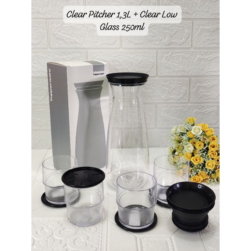 Set Teko / Jug dan gelas - Jug Clear Pitcher 1,3L dan Clear Low Glass 250ml Tupperware Original Kitc
