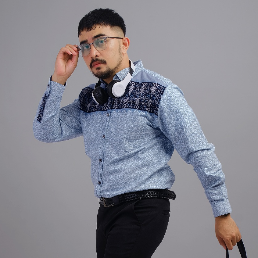 DGM Kemeja Pria Batik Songket Torpedo Biru Muda Lengan Panjang 2193