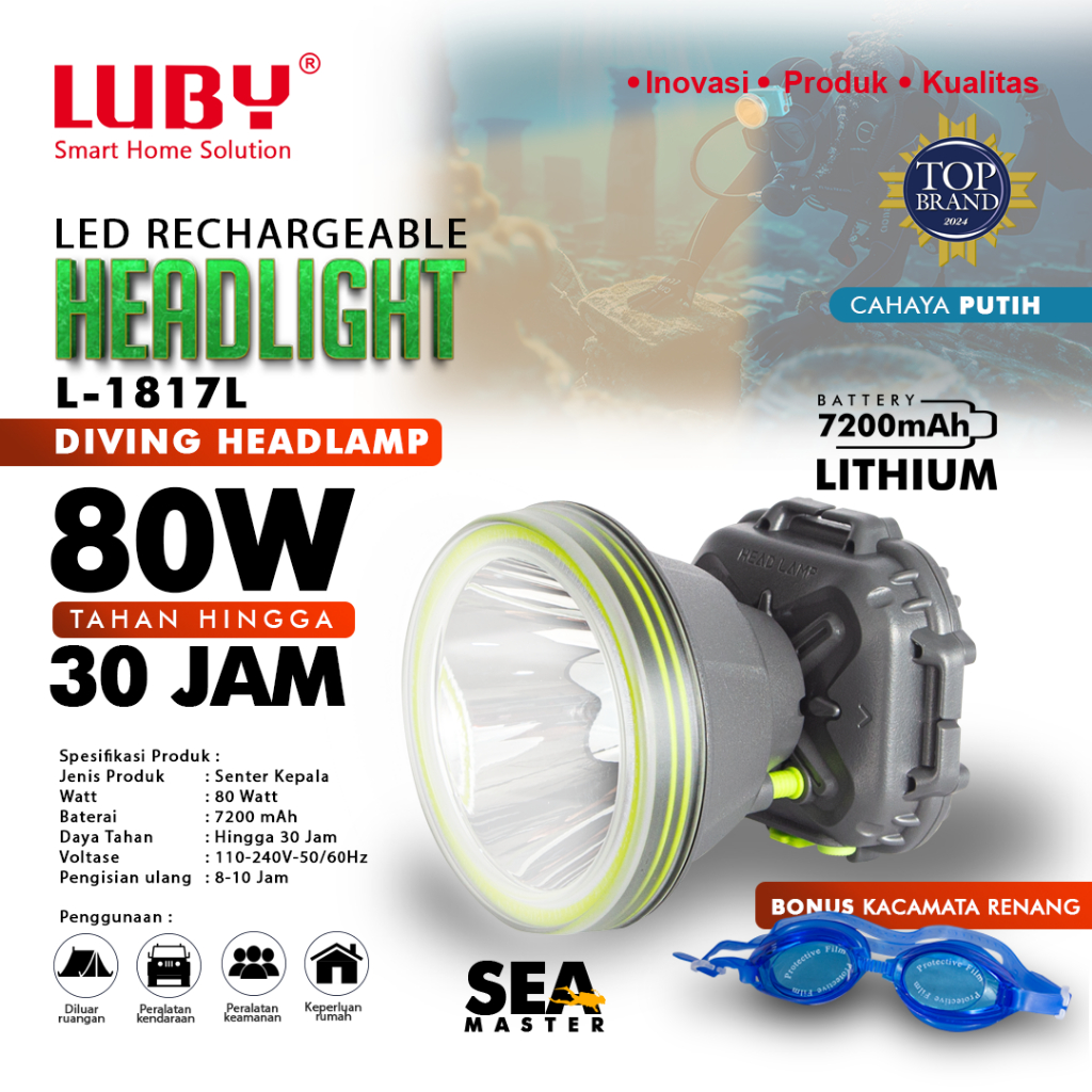 LUBY Headlamp Senter Kepala Sea Master Tahan Air 70 Watt L 1817