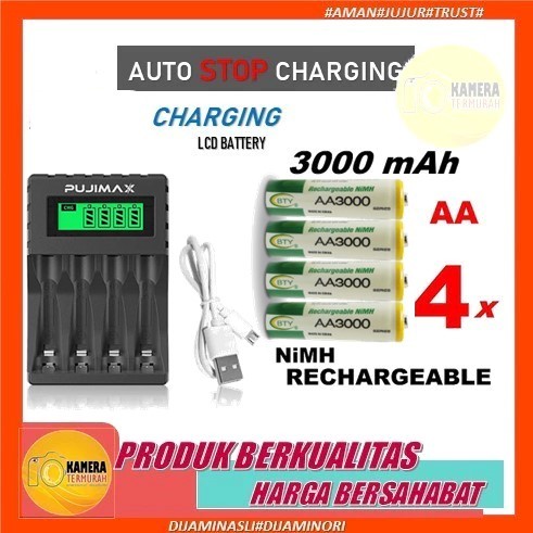 PAKET BATERAI BTY AA 3000 Mah RECHARGEABLE 1,2V + PUJIMAX QUICK SMART CHARGER