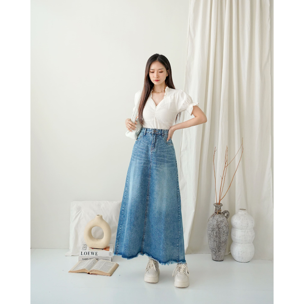 C5X Jeans - Leah Rok jeans polos model A line wanita Panjang / Rok jins Sobek Bagian Bawah Light Mud