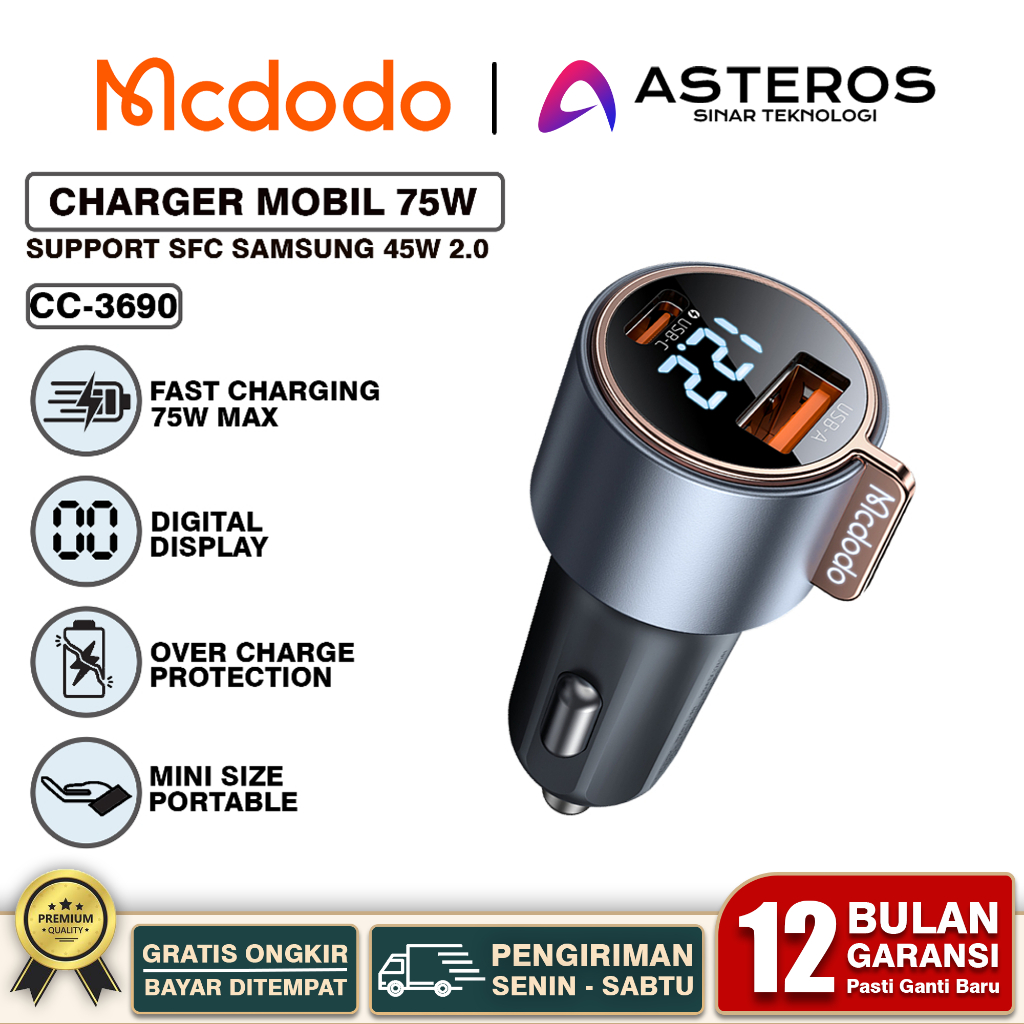 MCDODO Car Charger Mobil Dual Port Digital Display Fast Charging 75w - 100w Max