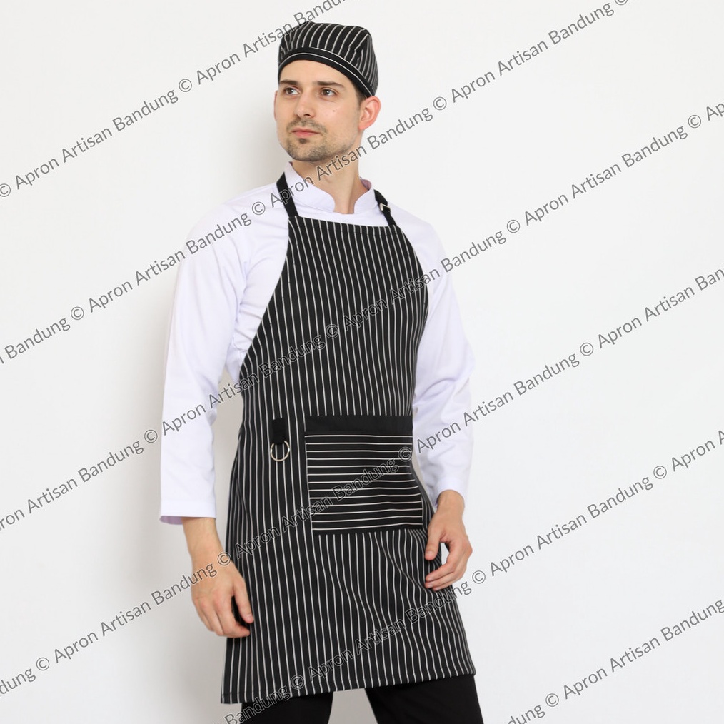 Celemek Masak Apron Chef Full Tali Loreng Hitam Putih Ukuran All Size Untuk Koki Chef Waiters Barist