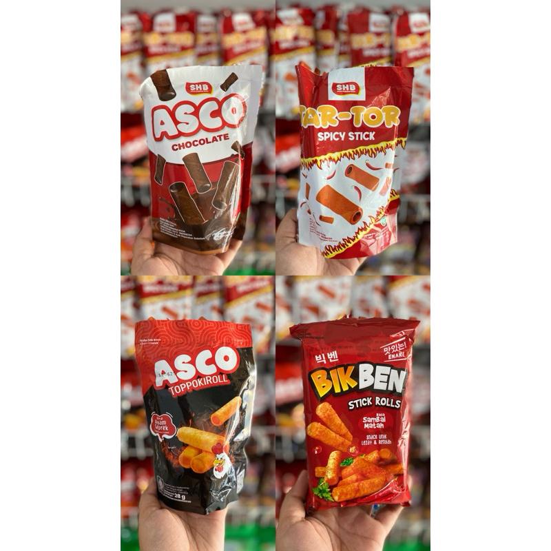 

Asco Wafer Roll Cokelat 28gr | Asco Toppokiroll 28gr | Tar Tor Spicy 28gr | Bik Ben Stick Rolls