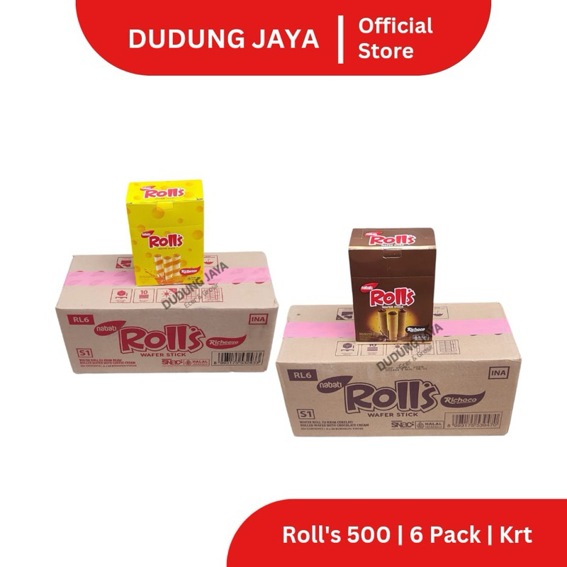 

RICHEESE NABATI WAFER STICK ROLLS KEJU ROLLS COKLAT NABATI ROLLS KARTON/DUS ISI 6 PAK ROLLS 500-AN