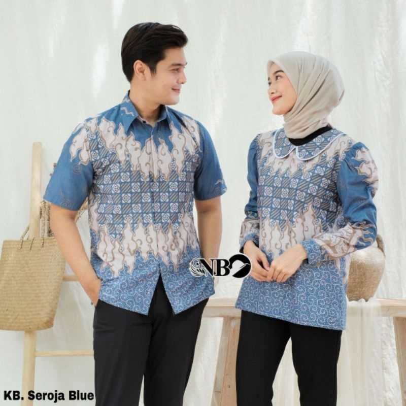 Couple Blouse Seroja Blue Fashion Batik Modern