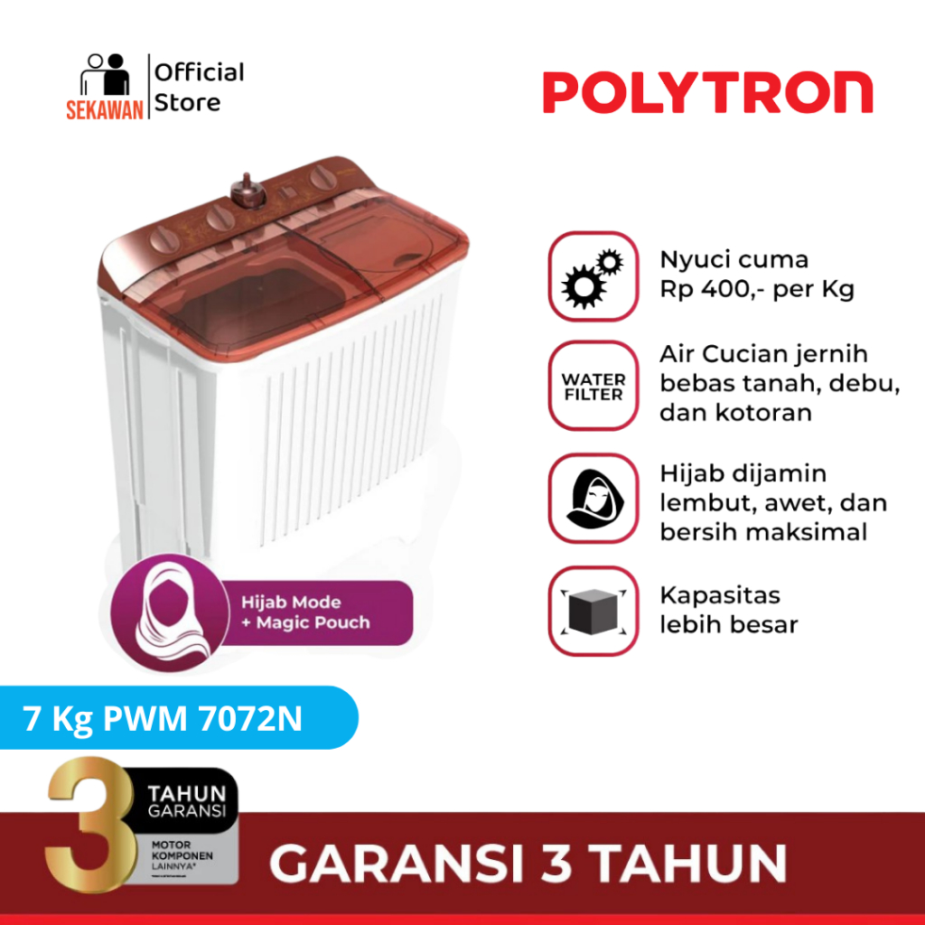 Mesin cuci POLYTRON Primadona Giant 2 tabung 7 Kg PWM 7072N
