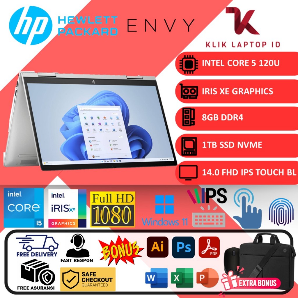 NEW Laptop HP Envy x360 14 Intel Core 5 120U Ram 8GB SSD 1TB FHD IPS Toucscreen Win11