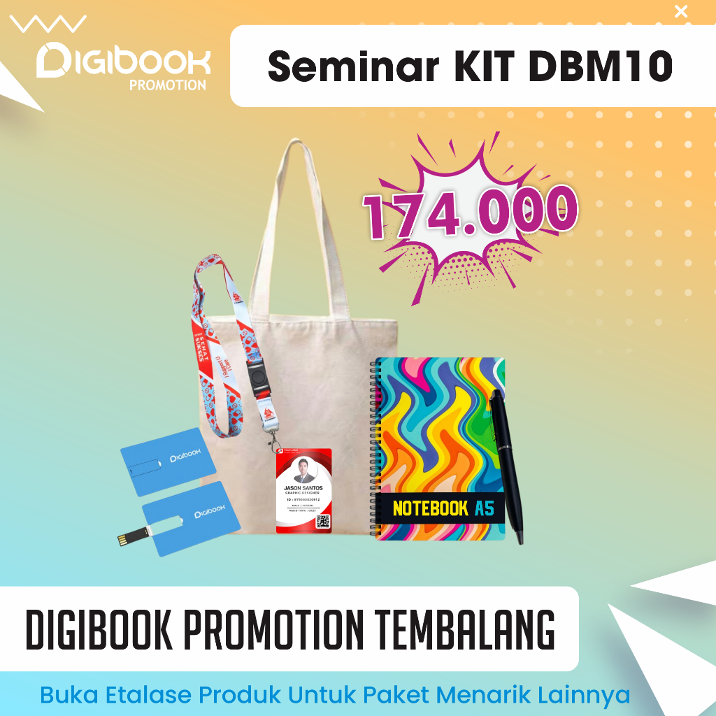 

Totebag Kanvas, Notebook Hardcover A5, Flashdisk Kartu 8GB, Idcard + Lanyard, Pulpen Besi | Paket Seminar Kit Isi 5 | DBM10