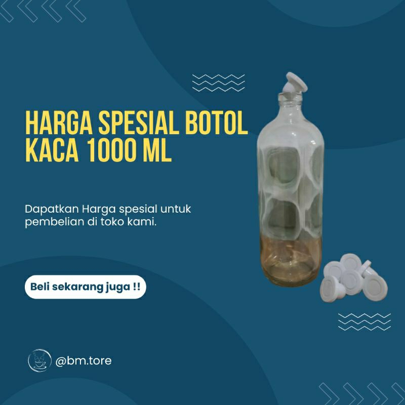 botol kaca bensin eceran / botol jamu / paket 1 pcs botol kaca + tutup ukuran 1000 ML / 1 Liter